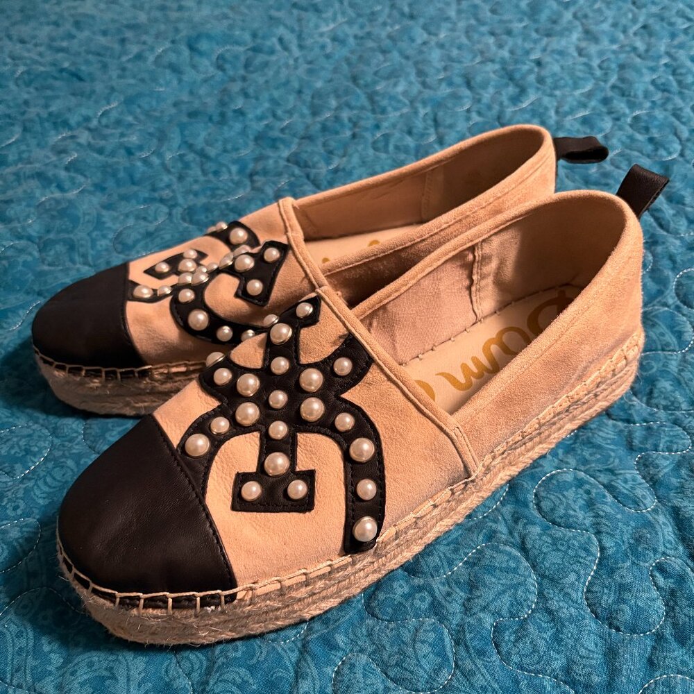 Sam Edelman Beige and Black Pearl-Accent Espadrille Flats